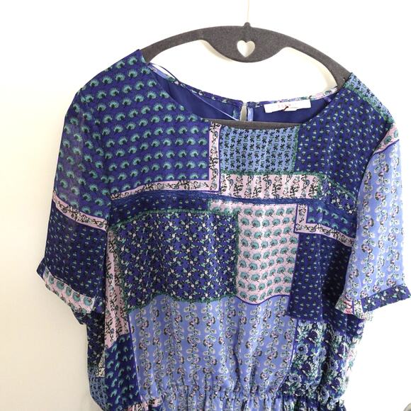 Esprit Patchwork Blue Dress Multi Print Cottage Retro Boho Size 10 Short Sleeve - Picture 2 of 12
